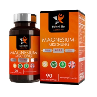 Abbildung von BL Magnesiummalat Glycinat und Citrat Dreifachkomplex 90 Magnesiumkapseln 375mg Magnesiumcitrat, Malat Magnesiumglycinat mit Zink, Kalzium Vitamin B6 GVO frei, Milch Glutenfrei