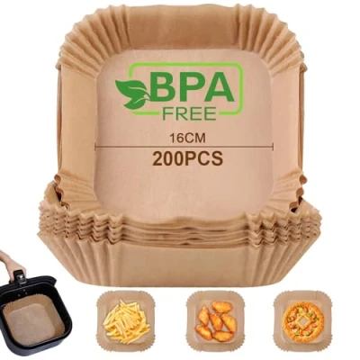 Abbildung von AiQInu Backpapier für Heißluftfritteuse, 200 Stück 16cm BPA frei Airfryer Eckig Wasserdicht Ölfest Pergamentpapier Liner Zubehör, Heißluftfritteuse Ofen Mikrowelle