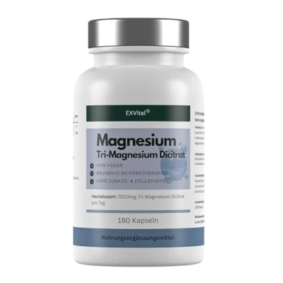 Abbildung von Tri Magnesium Dicitrat 2010mg Magnesiumcitrat, 322mg elementares pro Tagesdosis von EXVital. Hoch konzentriert, 180 Kapseln, Premiumqualität, kein Magnesiumstearat, vegan, 1er Pack (156g)