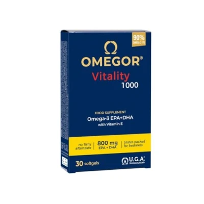 Abbildung von OMEGOR Vitality 1000 NEU mit 85% Omega 3 TG! Zertifiziert 5* IFOS ab 2006 EPA 500mg und DHA 250mg pro Perle. Min. Konstruktion 90% Trigliceride Molekularentfernung, 30 Kapseln