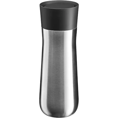 Abbildung von WMF Impulse Isolierbecher 350 ml, Thermobecher mit Automatikverschluss, 360 Trinköffnung, Kaffeebecher to go hält Getränke 8h heiß/12h kalt, silber