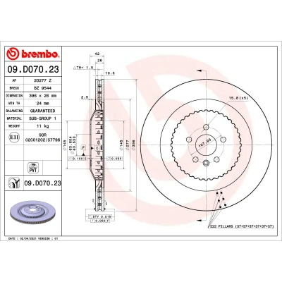 Abbildung von BREMBO 09.D070.23 Bremsscheibe 396 26 5 innenbelüftet, Verbundbremsscheibe beschichtet JAGUAR: F Pace
