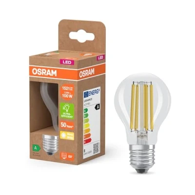 Abbildung von Osram LED Superstar Classic Lampe A 100 in klassischer Kolbenform, klarer Glaskörper, 7.2 W, 1521 lm, E27 Fassung, 2700 K für warmweißes Licht, EEK A, 60 mm Durchmesser.