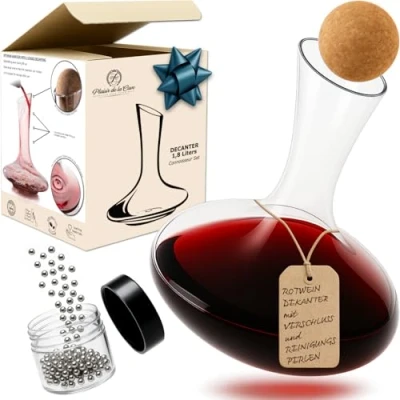 Abbildung von Dekanter &amp; Zubehör (Korkverschluss + Reinigungsperlen aus Edelstahl) 100% bleifreie Weinkaraffe Kristallglas Weinbelüfter Dekantierer für Rotwein Einzigartige Geschenkidee