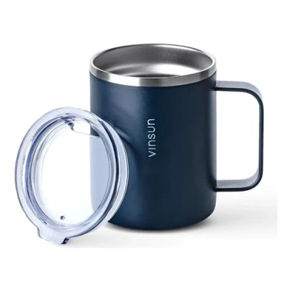 Abbildung von Vinsun Thermobecher mit Henkel 350ml Kaffeebecher to go, Edelstahl, doppelwandig isoliert Deckel Trinköffnung Isolierbecher für Reisen, Outdoor, Camping, Büro