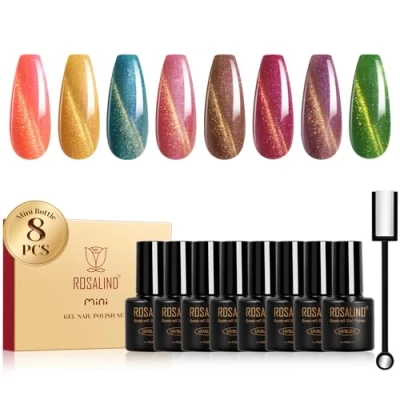 Abbildung von ROSALIND UV Nagellack Cat Eye, 8 Farben Rosa Gold Blau Violett Braun Regenbogen Magnetische Kristalle Gel Katzenauge, Soak Off Mini Nail Polish Cateye Goldfaden für Art Maniküre