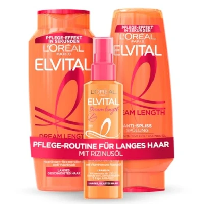 Abbildung von L&#039;Oréal Paris Elvital Dream Length Set gegen Spliss, Mit Rizinus Öl, Vitaminen &amp; Proteinen, 1 x Shampoo 300ml, Spülung 250ml Hitzeschutzspray 150ml,
