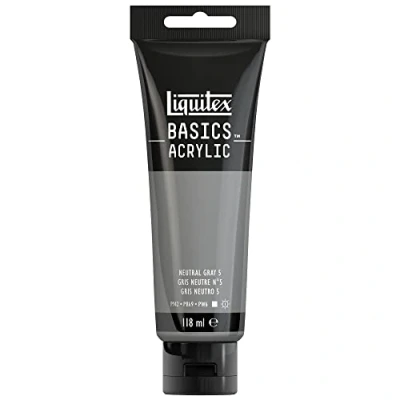 Abbildung von Liquitex 8870035 Basics Acrylfarbe, monopigmentierte Künstlerpigmente, lichtecht, mittlere Viskosität, Archivqualität, seidenglänzender Finish, 118ml Tube Neutralgrau Nr. 5