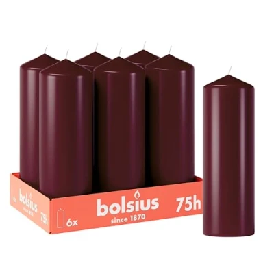 Abbildung von Bolsius Glatte Stumpenkerzen Bordeauxrot 6 Stück 20 x 7 cm Dekorative Haushaltkerzen Brenndauer 75 Stunden Unparfümierte Enthält Natürliches Pflanzenwachs Ohne Palmöl