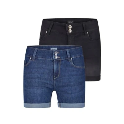 Abbildung von ONLY Jeans Shorts Damen Stretch Kurz Skinny Fit Mid Waist ONLCARMEN 2er Pack Kurze Hose Sommer Basic Denim, Größe:M, Farbe:Washed Black/Dark Blue (15357005)