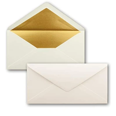 Abbildung von 25 Brief Umschläge DIN Lang Naturweiss mit Gold Metallic Innen Futter 110 x 220 mm Nassklebung festliche Kuverts für Weihnachten