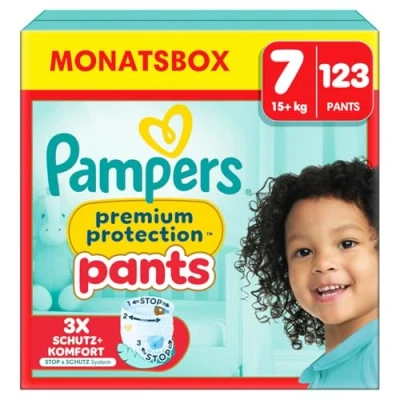 Abbildung von Pampers Baby Windeln Pants Größe 7 (17kg+) Premium Protection, Extra Large mit Stop und Schutz Täschchen, MONATSBOX, 123 Höschenwindeln