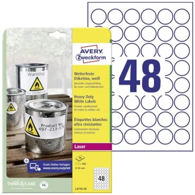 Abbildung von AVERY Zweckform L4716 20 Wetterfeste Folienetiketten (960 Klebeetiketten, Ø30mm auf A4, extrem stark selbstklebend, wasserfest, strapazierfähig, bedruckbare Outdoor Klebefolie) Blatt, weiß