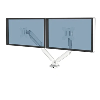 Abbildung von Fellowes Monitor Halterung für 2 Monitore bis je 32 Zoll (81,28 cm) Platinum Series Arm mit Gasfeder, USB Ports Klemmbefestigung oder Kabeldurchlass Farbe: Weiss