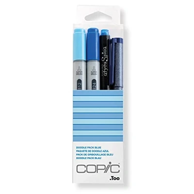 Abbildung von COPIC Ciao Set &quot;Doodle Pack Blue&quot;, 4er mit 2 Twin Marker einer mittelbreiten und Brush Spitze inkl. Multiliner Glitter Pen