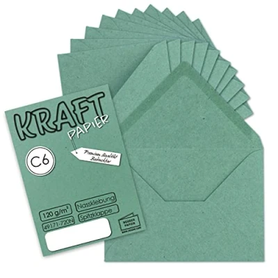 Abbildung von 25x Kraftpapier Umschläge DIN C6 Eukalyptus Grün 11,4 x 16,2 cm ohne Fenster Vintage Briefumschläge mit Nassklebung Spitzklappe NEUSER PAPIER