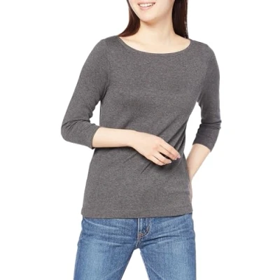 Abbildung von Amazon Essentials Damen Einfarbiges T Shirt mit U Boot Ausschnitt und 3/4 Ärmeln in schmaler Passform, Dunkelgrau Meliert, L