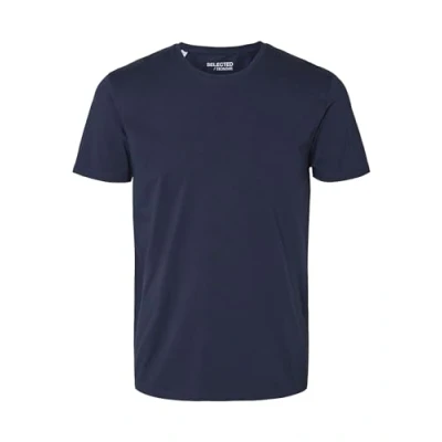 Abbildung von Herren Selected Basic T Shirt Einfarbiges Rundhals Kurzarm SLHNEWPIMA Jersey Stretch Baumwolle, Farben:Navy, Größe:XXL