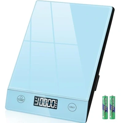 Abbildung von Küchenwaage Digital,Küchenwaage Geneigtes Display,Waage 10KG,Hochpräzise 1g Digitale mit Tara Funktion,Glas Lebensmittelwaage Wasserdicht,Touchscreen inkl. Batterien Blau