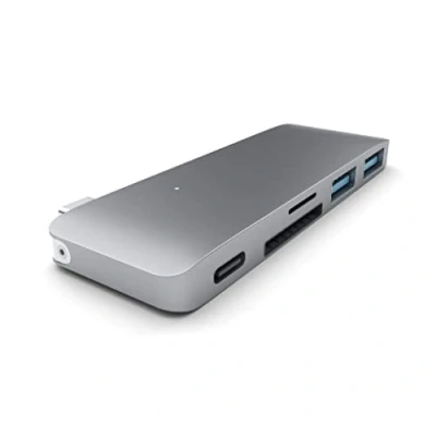 Abbildung von SATECHI Aluminium Type C USB 3.0 3 in 1 Combo Hub mit Pass Through Für M2/ M1 MacBook Pro/Air, iPad M2 Mac Mini, iMac (Space Grau)