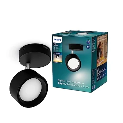 Abbildung von Philips Bracia 1 er LED Spot (5,5 W), einflammiger Wandspot mit warmweißem Licht, energiesparende Raumbeleuchtung langer Nutzlebensdauer, schwarz