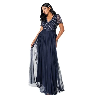 Abbildung von Maya Deluxe Damen Maxi Abendkleid Hochzeit V Ausschnitt Brautjungfernkleid Empiretaillierung Elegantes Abschlussball Bridesmaid Dress, Navy, 44
