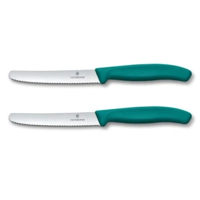 Abbildung von Victorinox Swiss Classic, Frühstücksmesser, Brötchenmesser Set 2teilig, Scharfe Klinge, Wellenschliff, 11 cm, Rostfreier Stahl, Grün