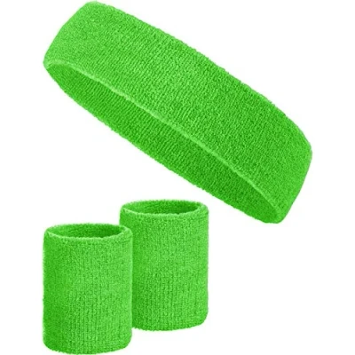 Abbildung von 3 teiliges Schweißband Set mit 2X Schweißbändern für die Handgelenke + 1x Stirnband Damen &amp; Herren (Grün)