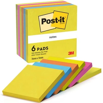 Abbildung von Post it Notes Energetic Collection, Packung mit 6 Blöcken, 100 Blatt pro Block, 76 mm x mm, Farben: Gelb, Blau, Orange, Pink, Grün Selbstklebende Notizzettel für Notizen und Erinnerungen
