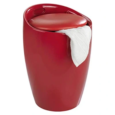 Abbildung von WENKO Badhocker Mod. Candy Rot, Hocker mit Stauraum für das Badezimmer und Wohnzimmer, integrierter Wäschesammler, ABS Kunststoff, BPA frei, Fassungsvermögen 20 L, Ø 36 x 50,5 cm
