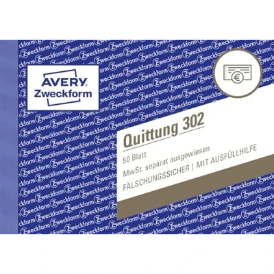 Abbildung von AVERY Zweckform 302 Quittungsblock (A6 quer, 50 Blatt, fälschungssicher, separat ausgewiesene MwSt., für Deutschland und Österreich) weiß
