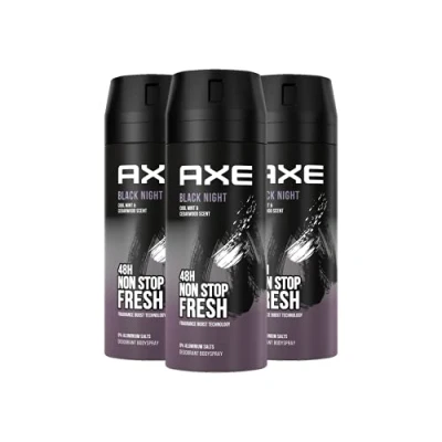 Abbildung von Axe Bodyspray Black Night Deo ohne Aluminium sorgt 48 Stunden lang für effektiven Schutz vor Körpergeruch 3x 150 ml