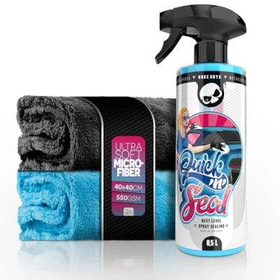 Abbildung von Auto Lackversiegelung Set Nuke Guys Quick&#039;n&#039;Seal 500ml Nano Sprühversiegelung + 2x Poliertuch Spray Wax Versiegelung mit Wasserabperleffekt Glanz &amp; Schutz für deinen Lack