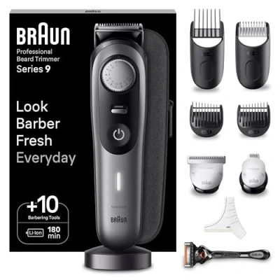 Abbildung von Braun Barttrimmer, Bartschneider/Trimmer/Haarschneider Herren, Haarschneidemaschine Profi, 40 Einstellungen, Ladestation, Reiseetui, Bartschablone, 180 Min. kabellose Laufzeit, BT9420