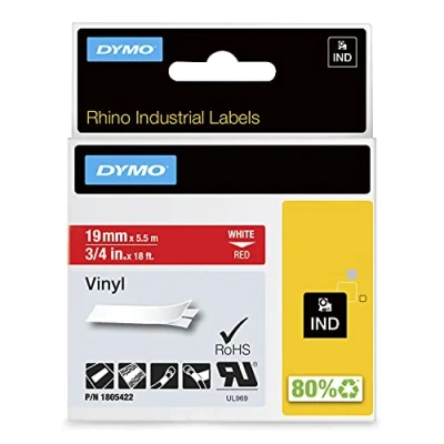 Abbildung von DYMO Rhino Industrie Vinyletiketten 19 mm x 5,5 m weiß auf rot selbstklebendes Schriftband für und LabelManager Beschriftungsgerät