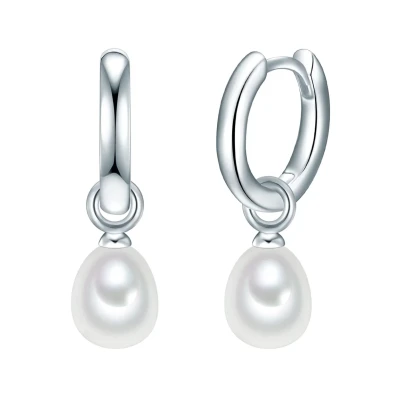 Abbildung von Valero Pearls Damen Creolen Sterling Silber 925 Süßwasser Zuchtperlen weiß Ohrhänger für Frauen mit perle