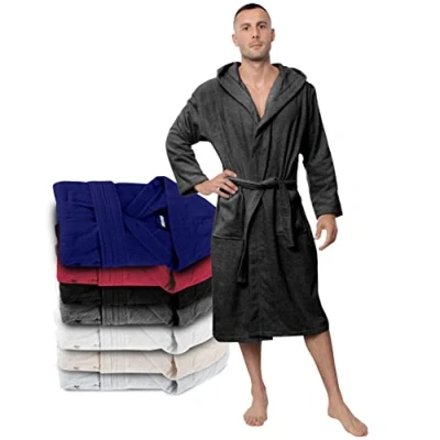 Abbildung von Twinzen Bademantel Herren L Dunkelgrau 100% Baumwolle (350g/m²) OEKO TEX® Zertifiziert mit Kapuze, 2 Taschen, Gürtel