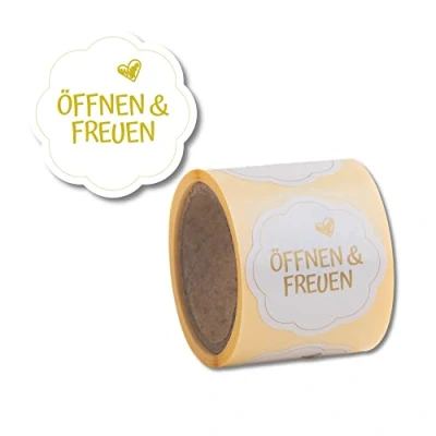 Abbildung von Geschenkaufkleber Öffnen und Freuen 100 Stück d40mm blumenförmige Etiketten auf Rolle, Weiß/Gold
