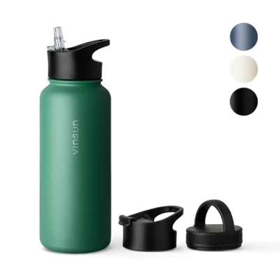 Abbildung von Vinsun Edelstahl Trinkflasche grün 1L 3 Deckel auslaufsicher, Kohlensäure geeignet, BPA frei leichte Thermosflasche Sport, Outdoor, Schule, Uni, Büro, Gym