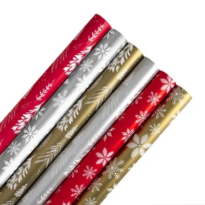 Abbildung von Hallmark Geschenkpapier Weihnachten 6 Stück je 3M 2 festliche Motive Bäume Schneeflocken Rot Silber Gold