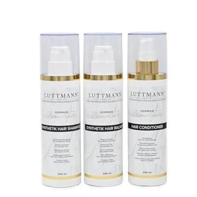 Abbildung von LUTTMANN® Synthetik Hair Pflegeset Perücken Shampoo, Balsam &amp; Natural Conditioner je 200 ml schonende Reinigung und Pflege für synthetische Haare speziell Haarteile