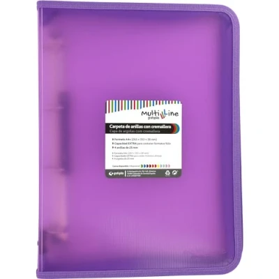 Abbildung von Grafoplás Ringbuch mit Reißverschluss A4+ Lavendel Multiline 4 gemischte Ringe 25 mm vertikal gestreifter Polypropylen Einband extra Kapazität für Papierblätter im Folioformat