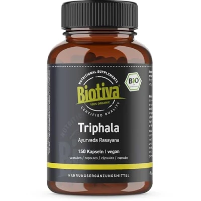 Abbildung von Triphala Bio 150 Kapseln 500mg je Kapsel 75 Tage Dosis hochdosiertes Biotriphala abgefüllt und kontrolliert in Deutschland vegan Biotiva