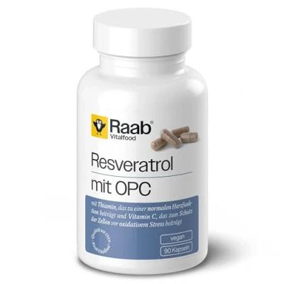Abbildung von Raab Vitalfood Resveratrol mit OPC Kapseln, Nahrungsergänzungsmittel Vitamin C aus der Acerolakirsche, oligomeren Proanthocyanidinen (OPC), 90 Kapseln