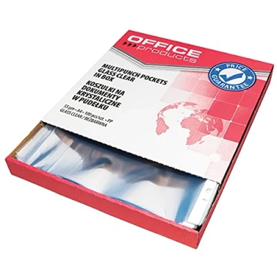 Abbildung von OFFICE PRODUCTS Prospekthüllen / 100 Stück im Karton/Din A4/ Glasklar Oben Offen Klarsichthüllen Sicht Hüllen Gelochte Plastikhülle für Dokumente Papiere Akten Ordner/PP/Transparent 55 Mikron