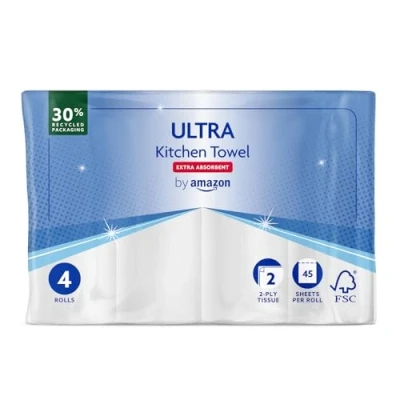 Abbildung von by Amazon ULTRA Küchenrolle, Extra Saugfähig, 4 Rollen (4 Rollen, 1 er Pack), 45 Blätter pro Rolle, Auswringen und Wiederverwenden, FSC zertifiziert