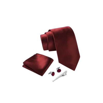 Abbildung von Massi Morino Krawatte Weinrot mit Einstecktuch Set Herren inkl. Manschettenknöpfe, Krawattennadel und Geschenkbox Männer Krawattenset