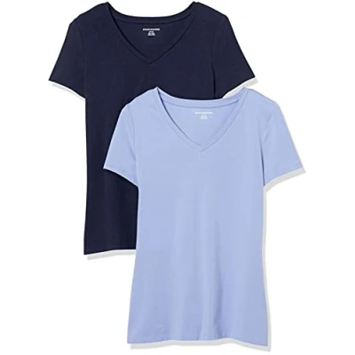 Abbildung von Amazon Essentials Damen Kurzärmeliges T Shirt mit V Ausschnitt, Klassischer Schnitt, 2er Pack, Purpur/Marineblau, S