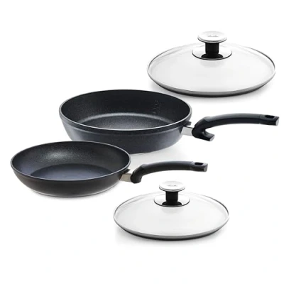 Abbildung von Fissler Adamant Pfannen Set 4 teilig / (1x Adamamt Classic 24 cm &amp; 1x Comfort 28 cm) + Glas Deckel, beschichtete Aluminiumpfannen antihaftend , kratzfest Induktionsgeeignet