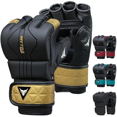 Abbildung von Mytra Fusion MMA Handschuhe mit offener belüfteter Handfläche Sparring Kickboxen, Grappling, Training, Cage Fighting Mixed Martial Arts (M, Black/Gold)